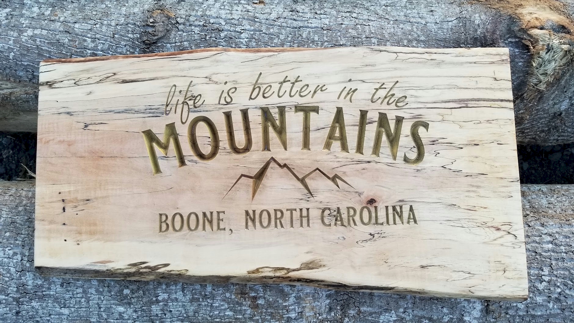 "Life is Better in the Mountains: Boone, NC" Live Edge Carved Sign